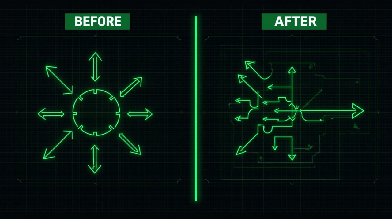 Comparison of green circuit diagram design before and after on a black background