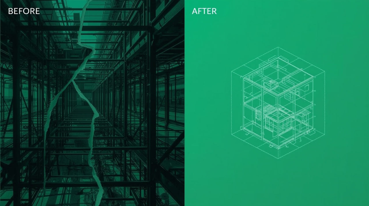Comparison of a dark industrial scene labeled 'Before' and a green geometric design labeled 'After'.