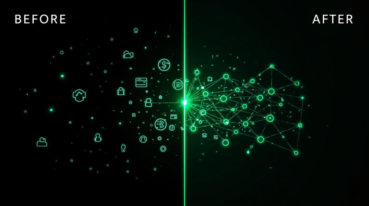 Comparison of network diagrams labeled 'Before' and 'After' with green connectivity lines on a black background.