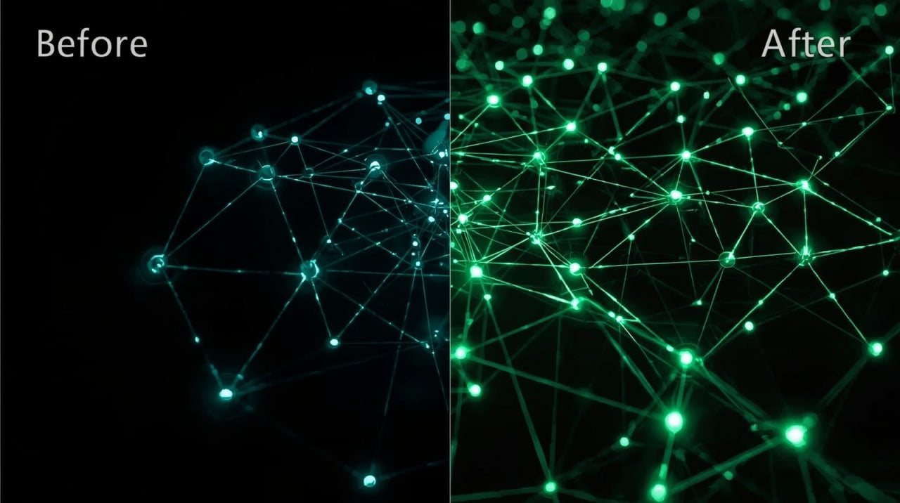 Comparison of a network diagram before and after enhancement on a black background