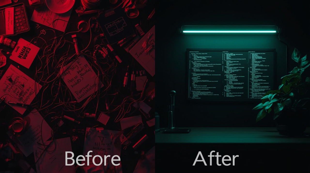 Before and after comparison of a computer setup with red and black elements on the left and a green screen on the right.