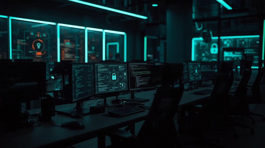 Cryzentality office with many displays and data security screens