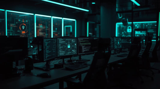 Cryzentality office with many displays and data security screens