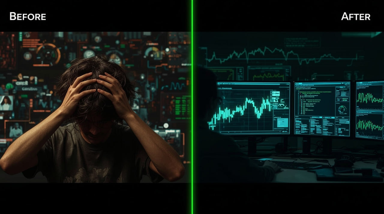 Before and after comparison of a person overwhelmed by screens on the left, and a person analyzing financial data on screens on the right.