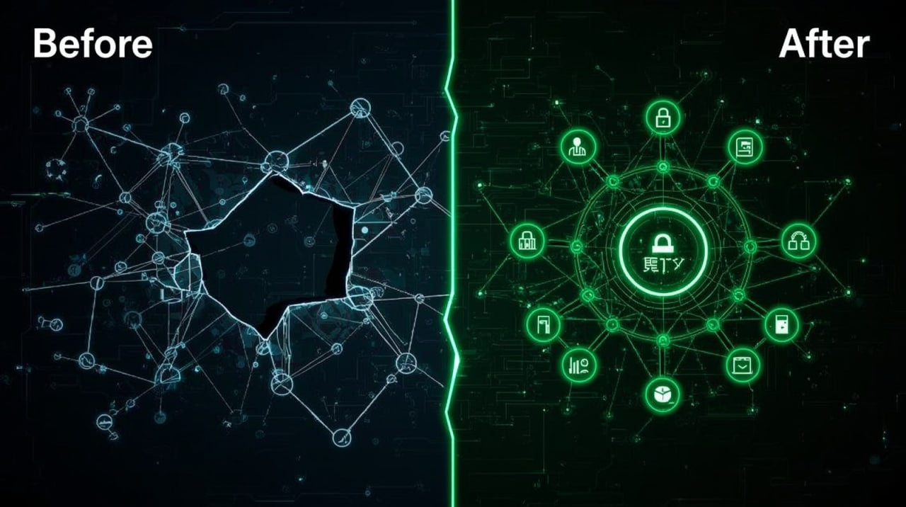 Comparison of a network diagram labeled 'Before' on the left and a security-related diagram labeled 'After' on the right.