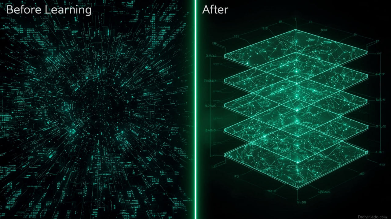 Comparison of a chaotic digital pattern labeled 'Before Learning' to a structured grid labeled 'After Learning' on a black background.