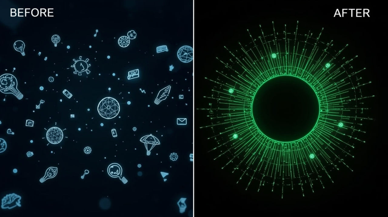 Before and after comparison of a digital transformation effect on a dark background with geometric shapes.