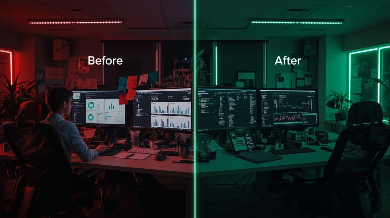 Before and after comparison of a dark office setup with multiple monitors.