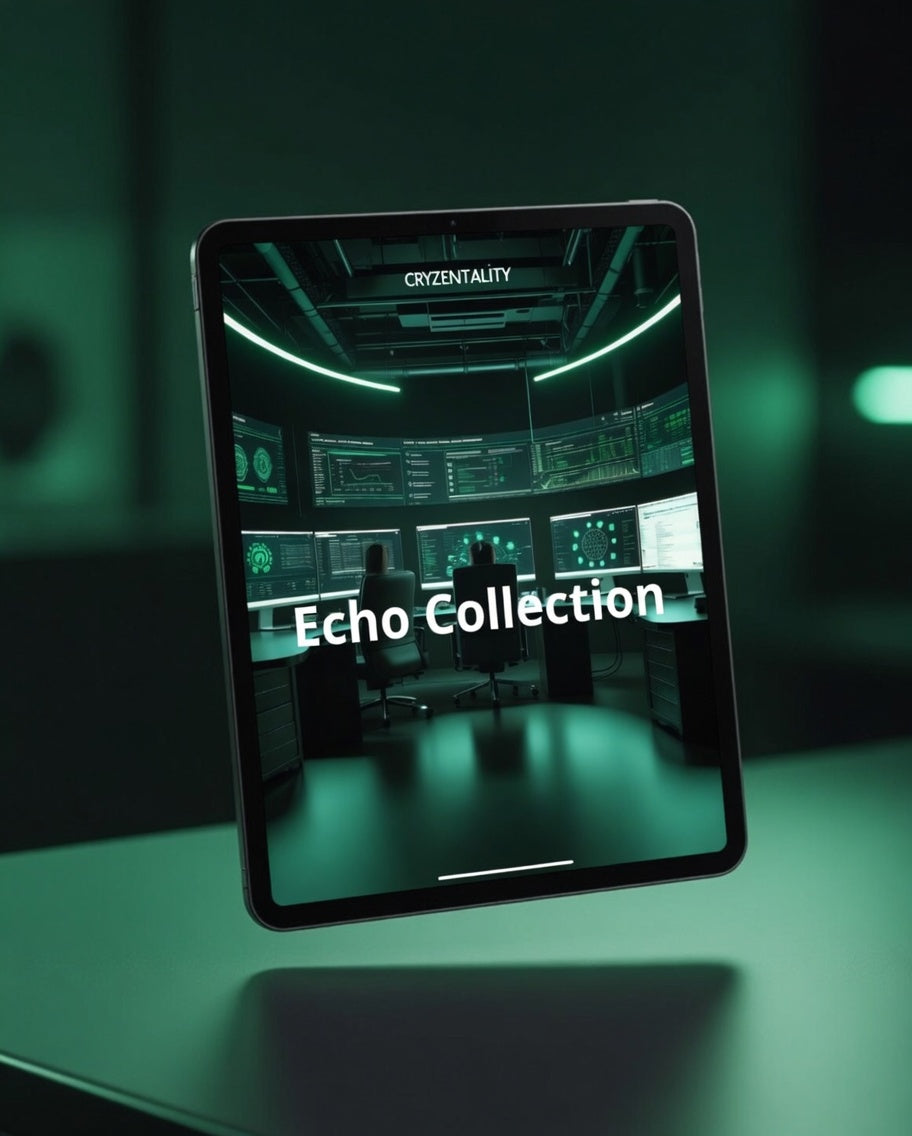 Tablet displaying a futuristic control room interface with 'Crycentality' branding.
