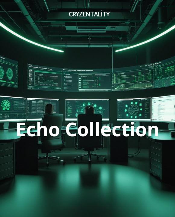 Control room with multiple monitors displaying data, featuring the Cryzentality brand and 'Echo Collection' text.