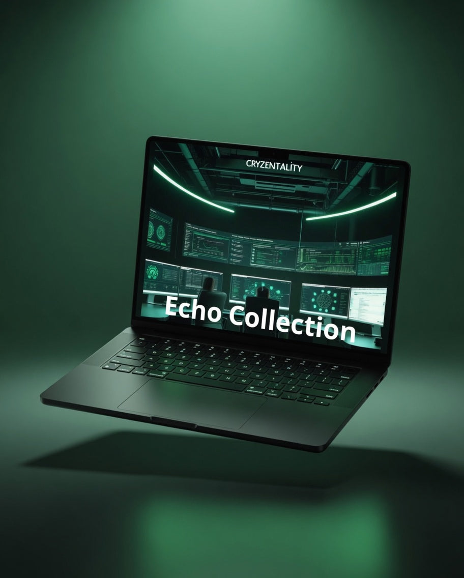 Laptop with 'Cryzentality' and 'Echo Collection' on a green background