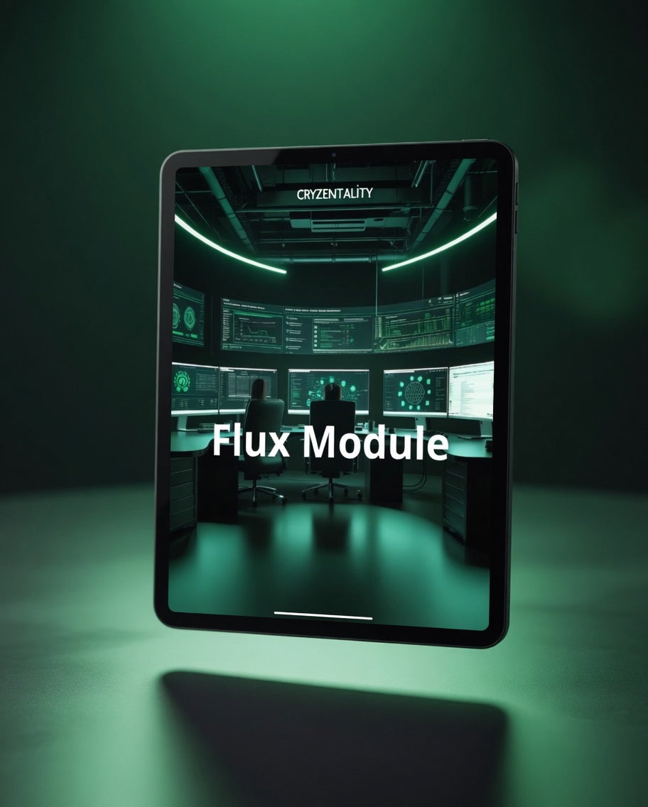 Tablet displaying a futuristic control room with 'Cryzentiality' and 'Flux Module' text.