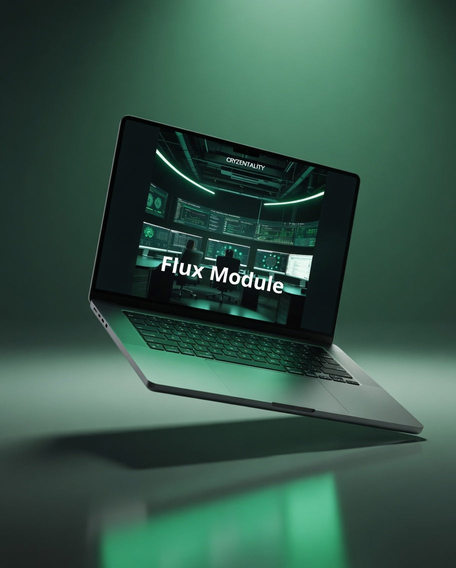 Laptop with 'Flux Module' on screen against a green background