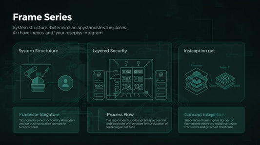 Technical diagram with system structure, layered security, and process flow on a dark background