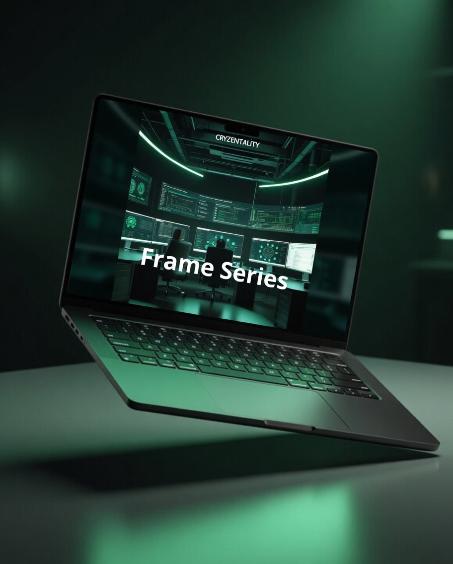 Laptop with 'Frame Series' on screen against a dark background