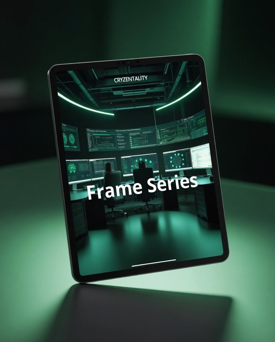 Tablet displaying a futuristic control room interface with 'Cryzentality' branding.