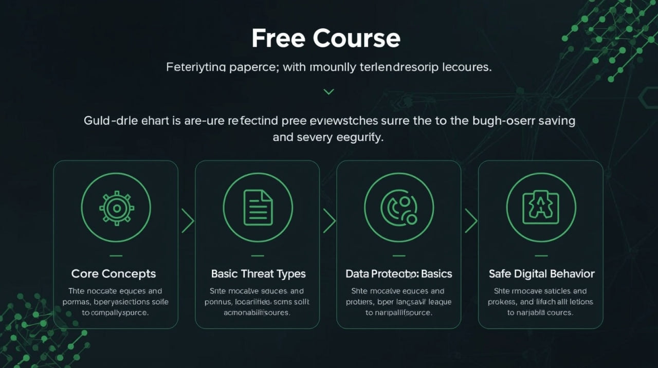 Free course overview with icons and text on a dark background