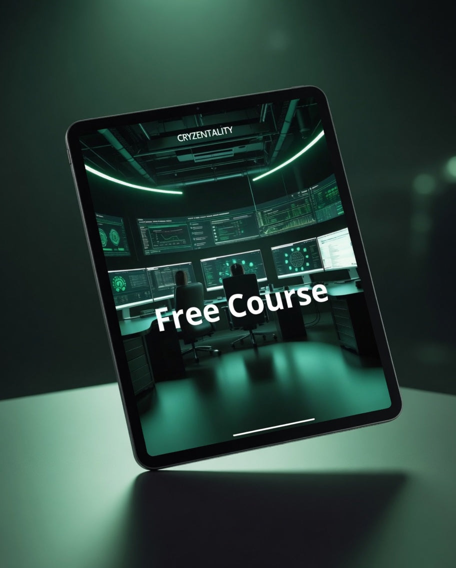 Tablet displaying a free course offer with a dark background