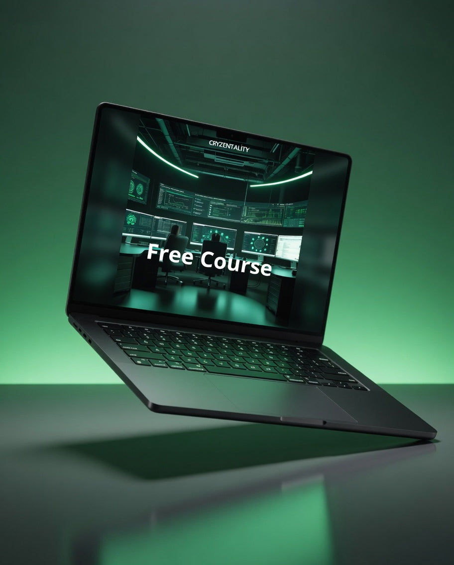Laptop displaying a free course on a green background