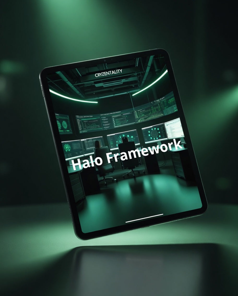 Tablet displaying 'Halo Framework' with a futuristic interface on a dark background