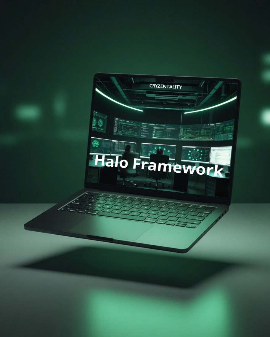 Laptop displaying 'Halo Framework' on a dark green background