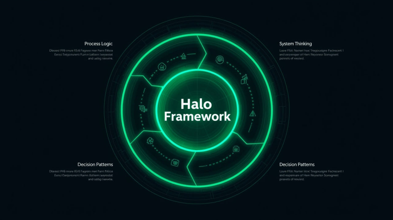Halo Framework diagram with glowing green circle on a dark background