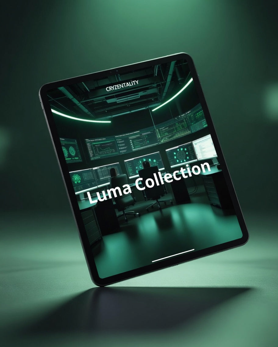 Tablet displaying 'Luma Collection' on a green background