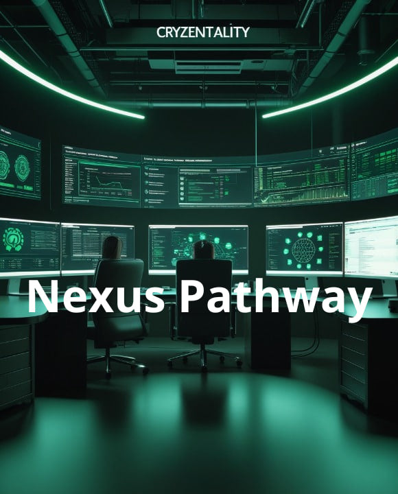 Control room with multiple monitors displaying data, with 'Cryzentality' and 'Nexus Pathway' text.