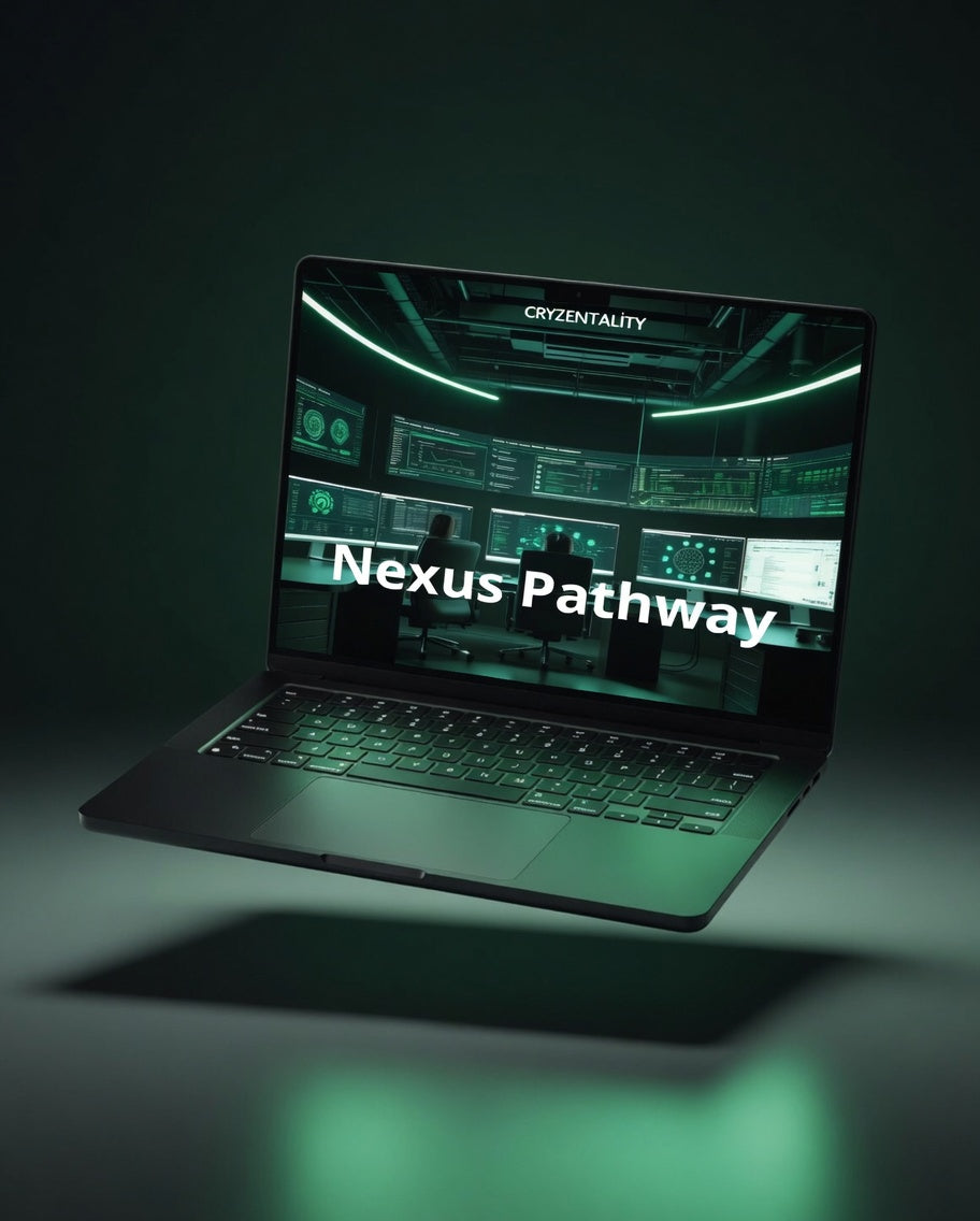 Laptop with 'Nexus Pathway' on screen against a dark background