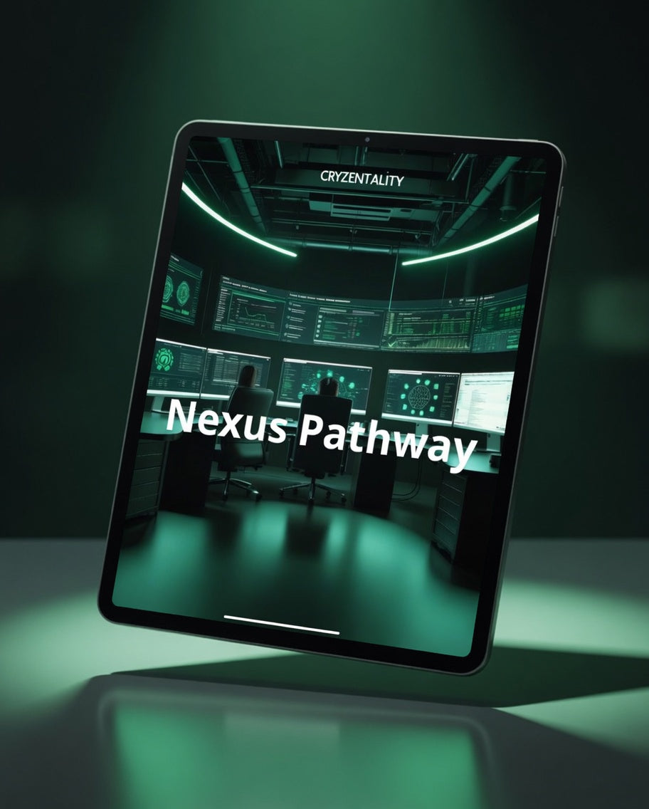 Digital tablet displaying a futuristic interface with 'Nexus Pathway' text on a dark background.