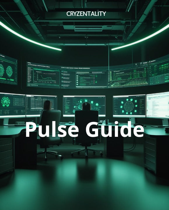 Control room with multiple monitors displaying data, with 'Cryzentality' and 'Pulse Guide' text.