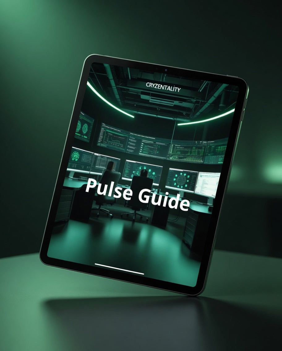 Digital tablet displaying a futuristic interface with 'Pulse Guide' text on a dark background