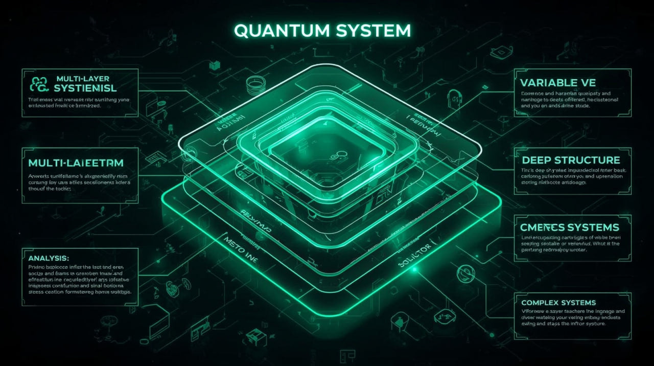 Diagram of a quantum system with green glowing elements on a dark background