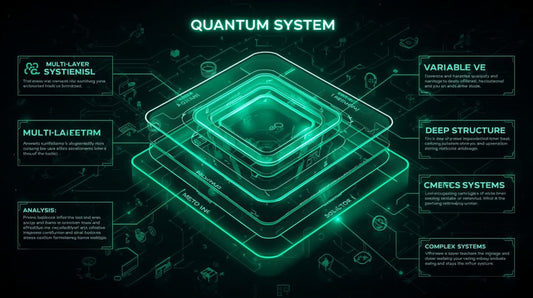 Diagram of a quantum system with green glowing elements on a dark background