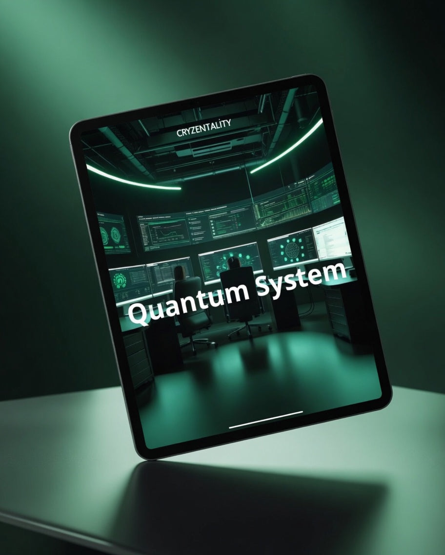 Digital tablet displaying a quantum system interface with 'Cryzentiality' branding on a dark green background.