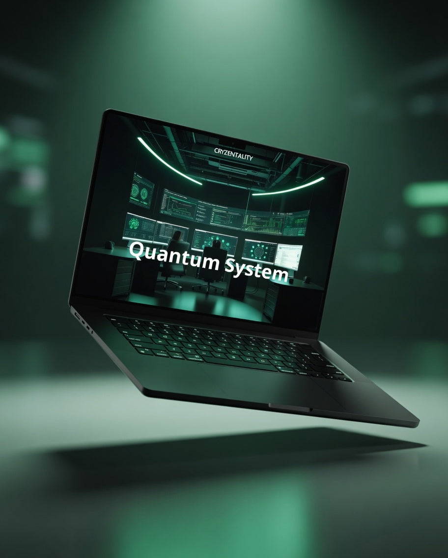 Laptop with 'Quantum system' on screen against a dark background