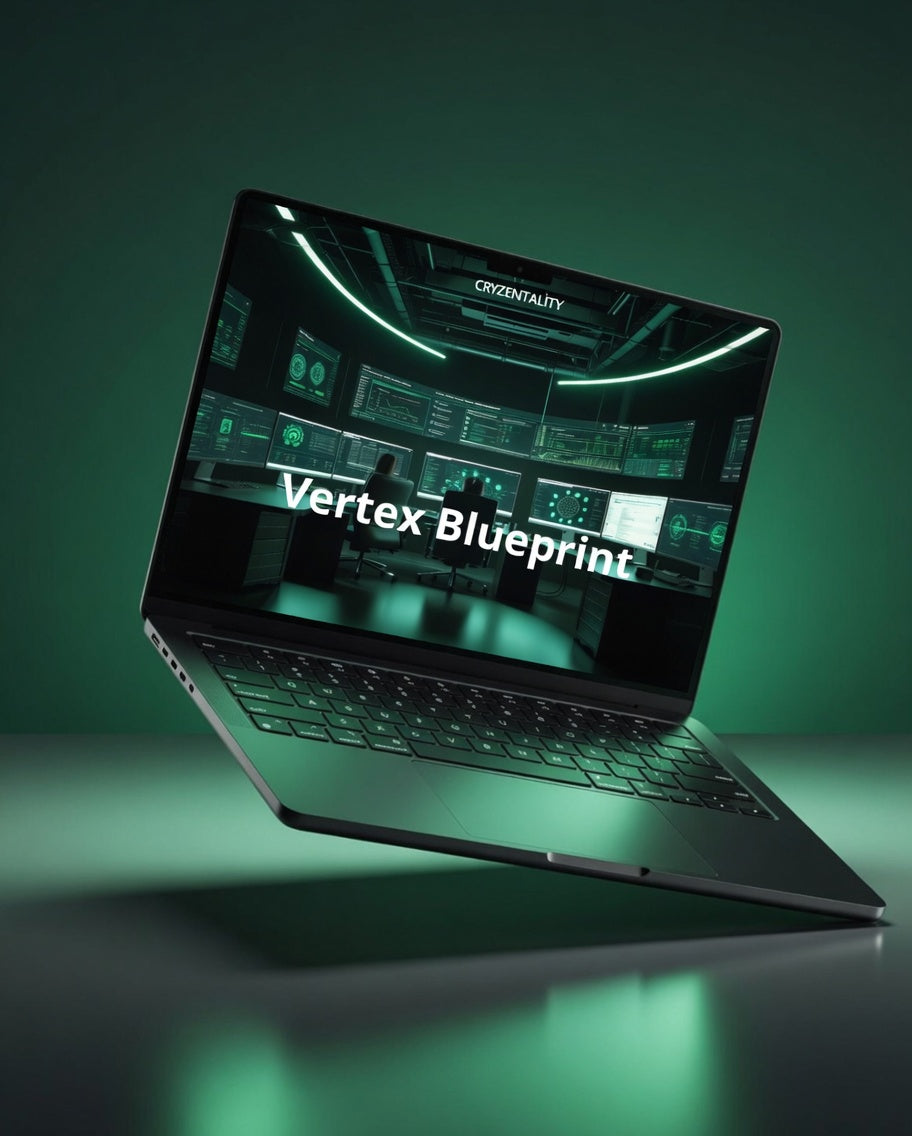 Laptop with 'Vertex Blueprint' on screen against a green background