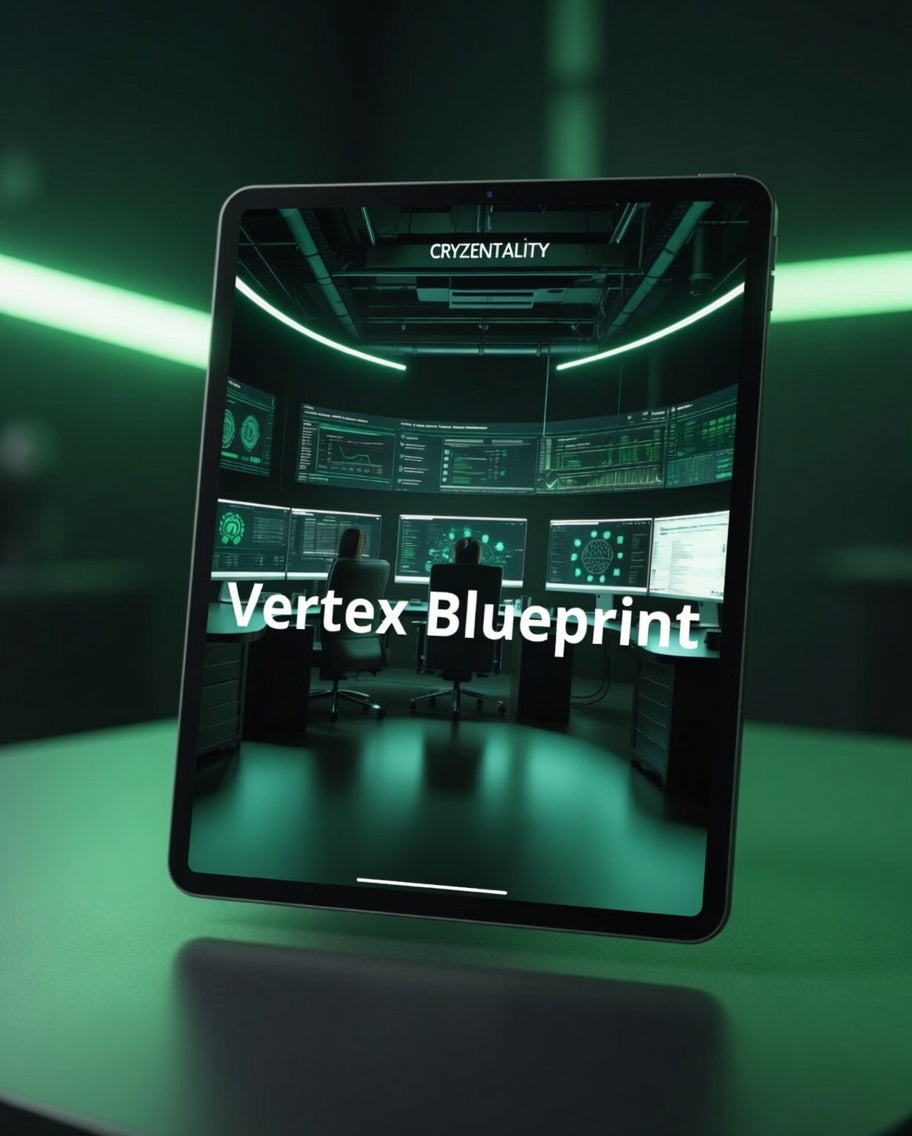 Futuristic tablet with 'Vertex Blueprint' on screen displaying a control room, brand 'Crycentality' visible.