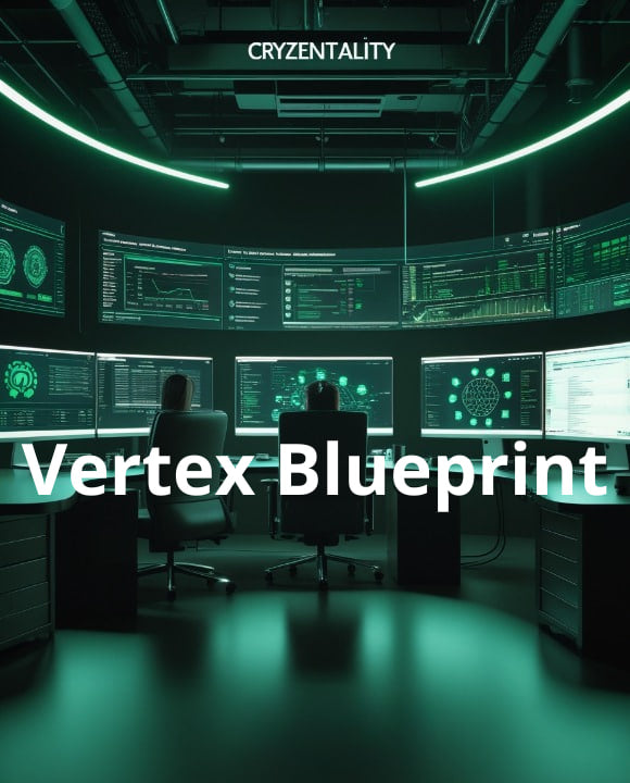 Control room with multiple monitors displaying data, with 'Cryzentality' and 'Vertex Blueprint' text.